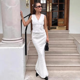 LIZAKOSHT  -  White Long Dress Set V-Neck Sleeveless Vest Top Elegant Long Skirt Set Summer Fashion Party Looks Women Long Dress Set